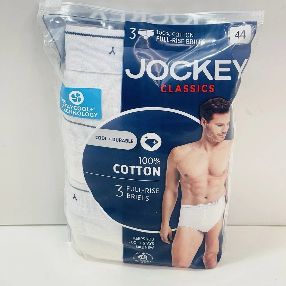 3 Pack Jockey S 44 Classic Full Rise Briefs StayCool Y-Front White Underwear Men